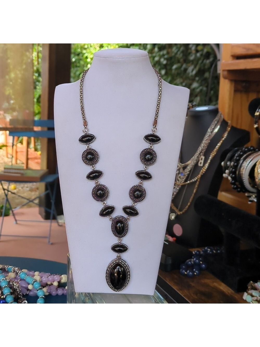 Silver Tone Black Stone Y Drop Pendant Boho Necklace
